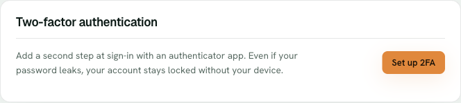 The Two-factor authentication section in Account with a Set up 2FA button