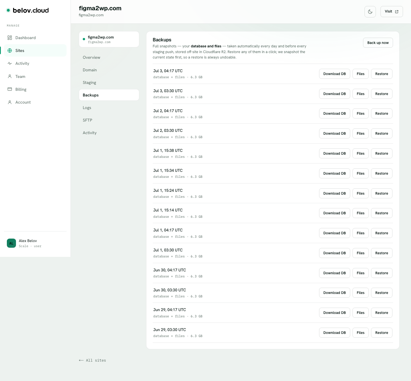 The Backups tab showing a dated list of daily snapshots with Restore and Download buttons