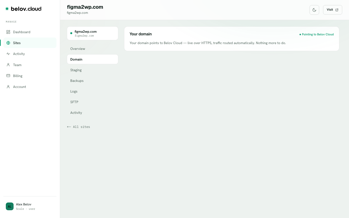 Domain tab showing the domain pointing to Belov Cloud, live over HTTPS