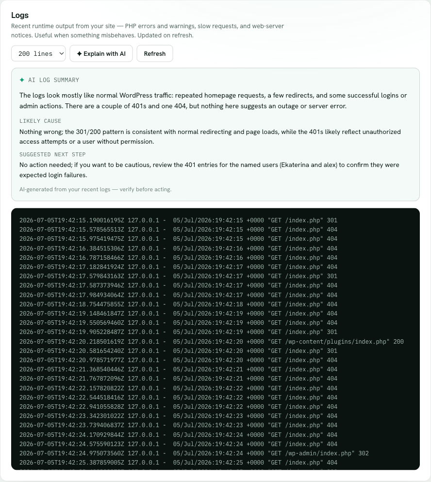 The Explain with AI button and the AI log summary card with a plain-English summary, likely cause and suggested next step