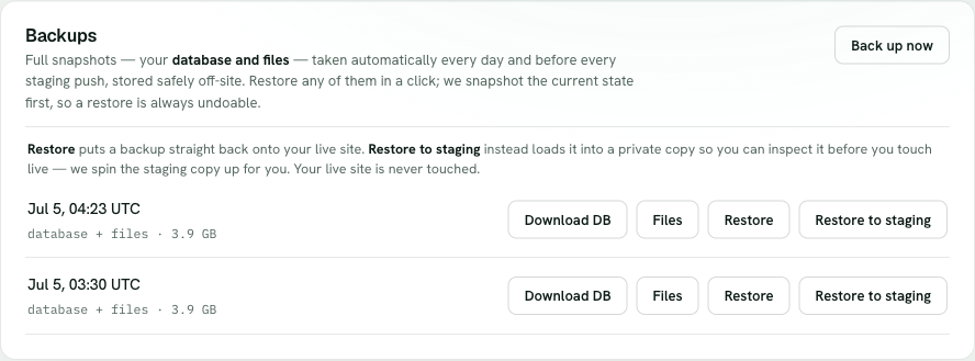 The Backups tab with Restore and Restore to staging buttons on each backup