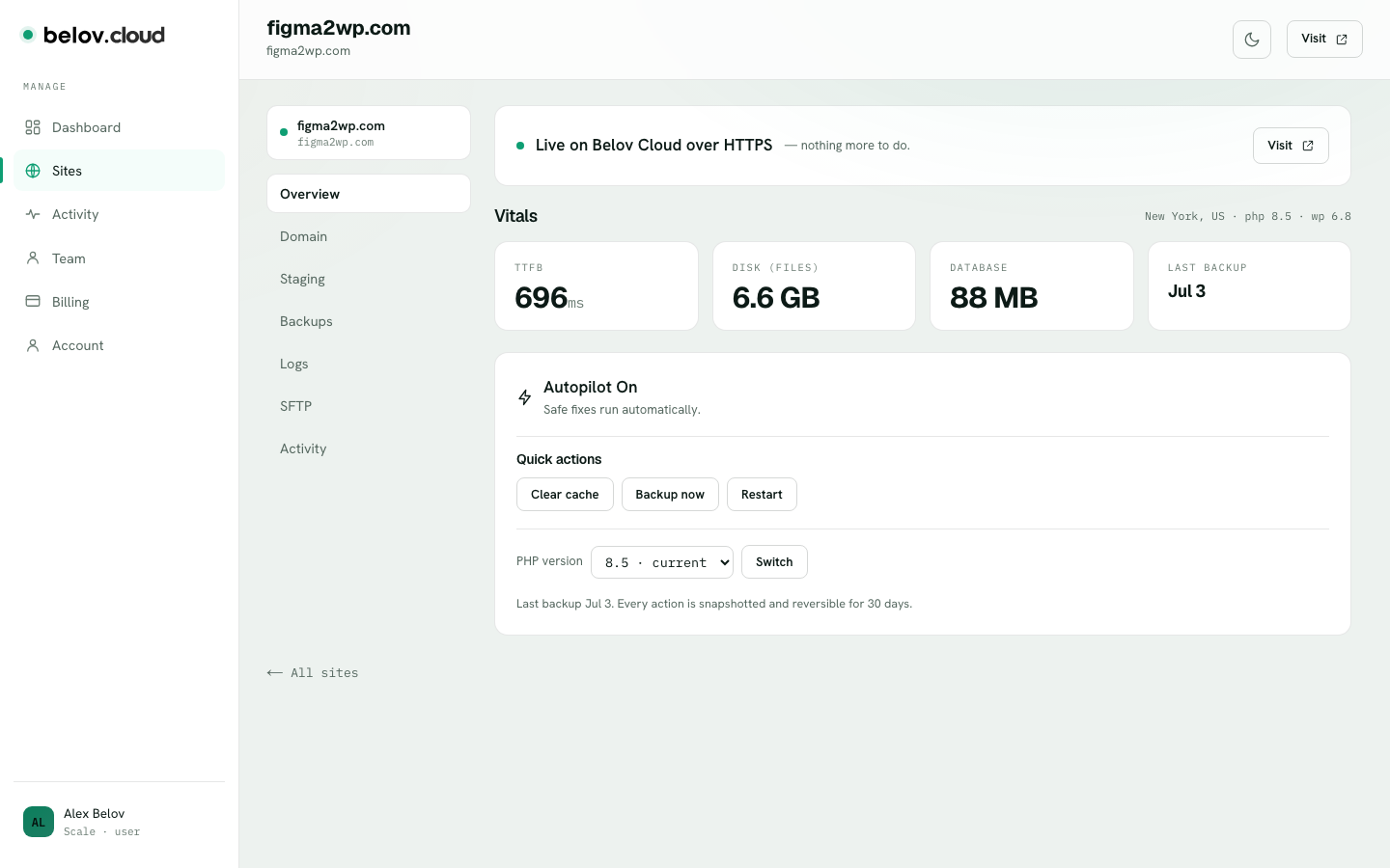 The site view for a single WordPress site, where you manage its settings including the PHP version
