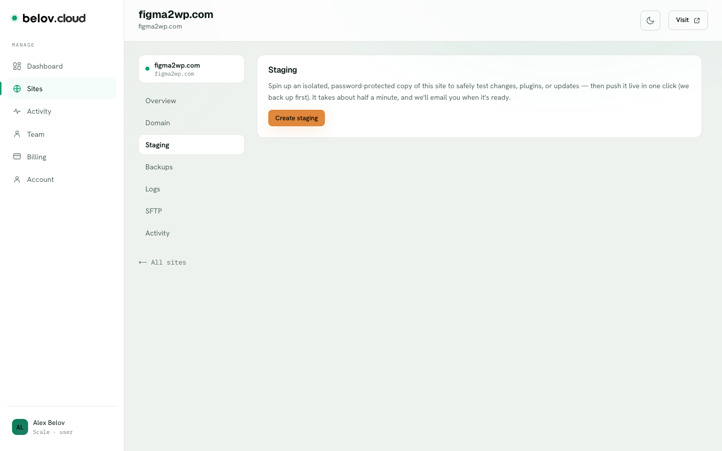 Staging tab with the Create staging button